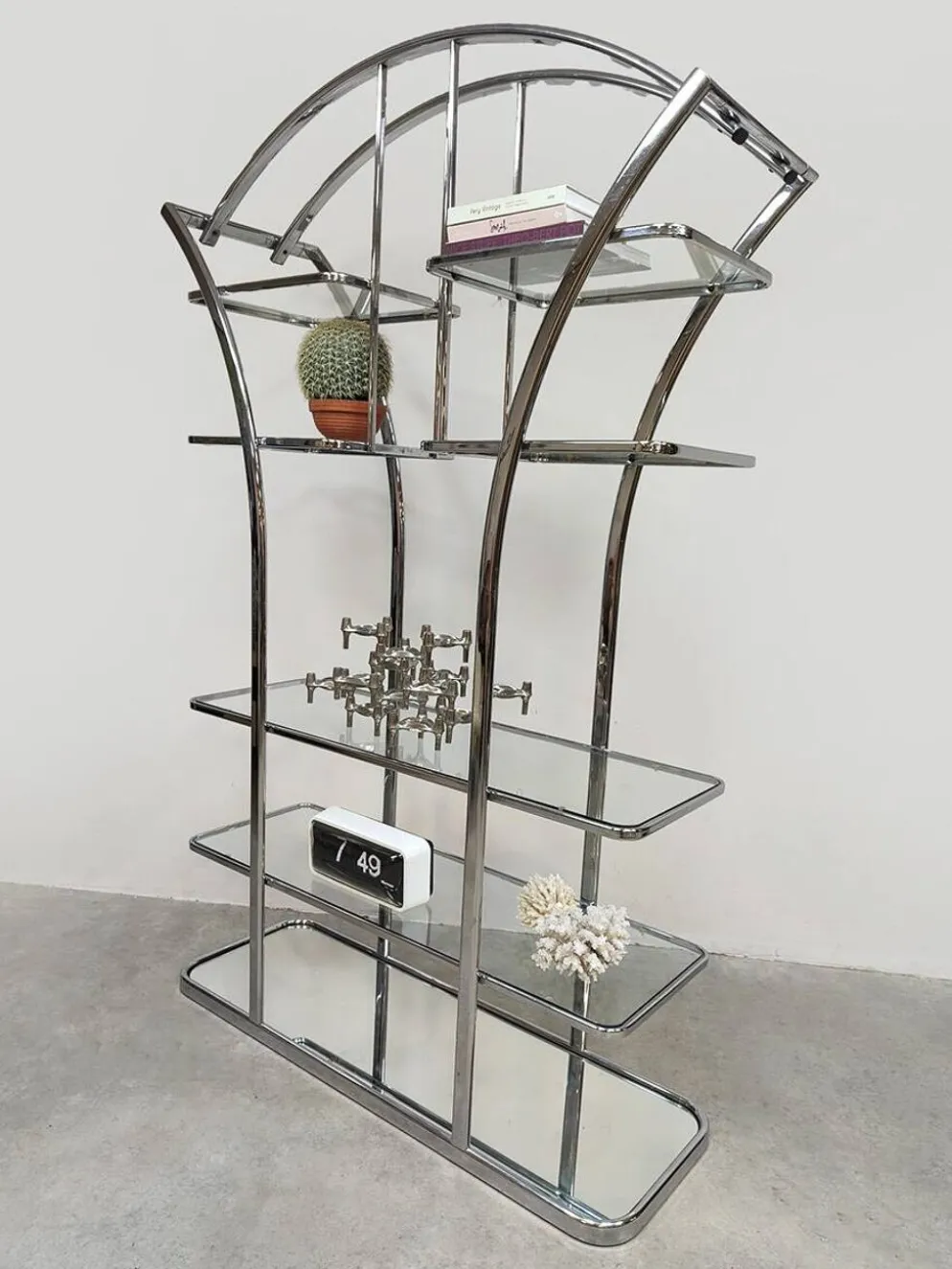 Cabinet de séparation en chrome et verre au design italien vintage des années 1970