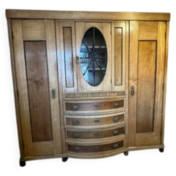 Cabinet en bois Art Déco avec fenêtre en verre ovale et tiroirs, années 1930