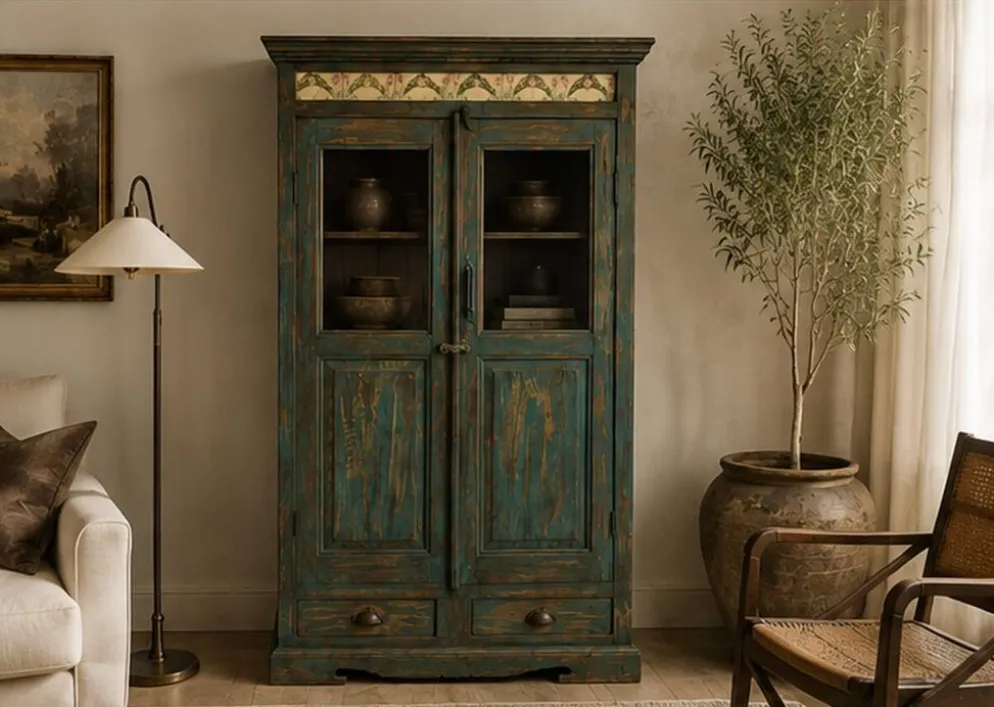 Cabinet en bois chinois ancien avec décorations florales peintes à la main