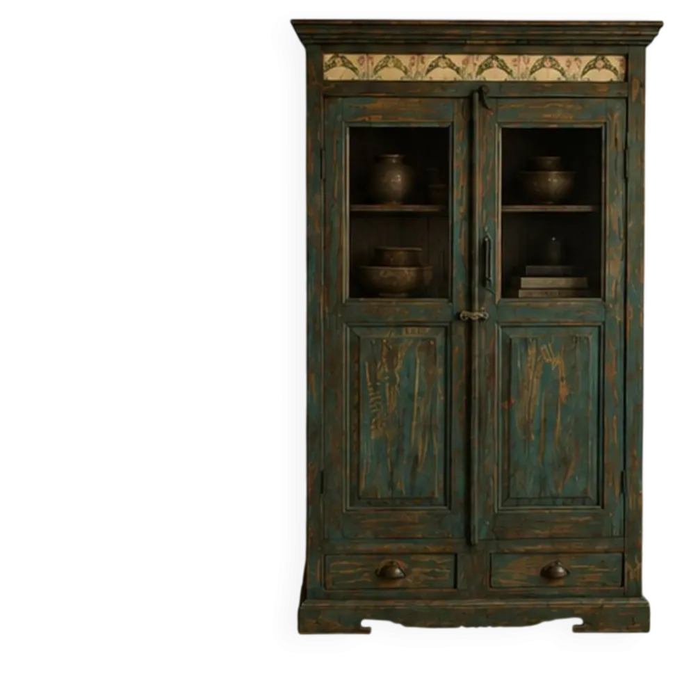 Cabinet en bois chinois ancien avec décorations florales peintes à la main