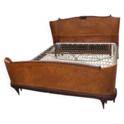 Cadre de lit double marron en bois laqué style Mid-Century années 1940