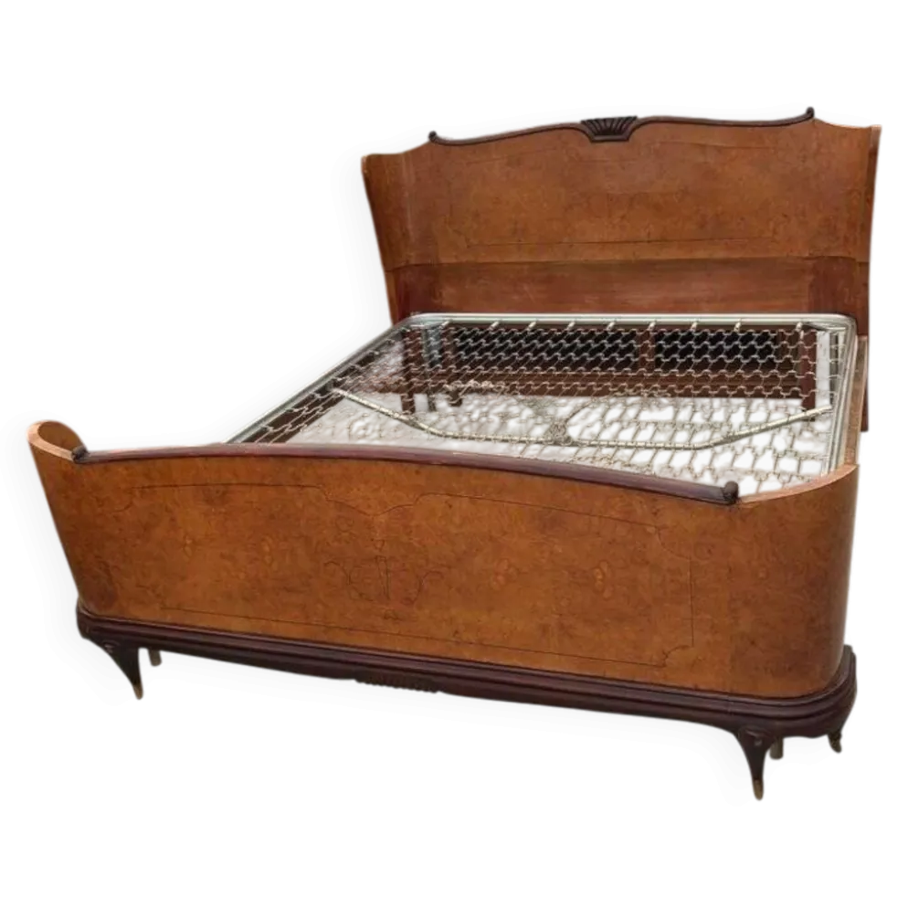 Cadre de lit double marron en bois laqué style Mid-Century années 1940