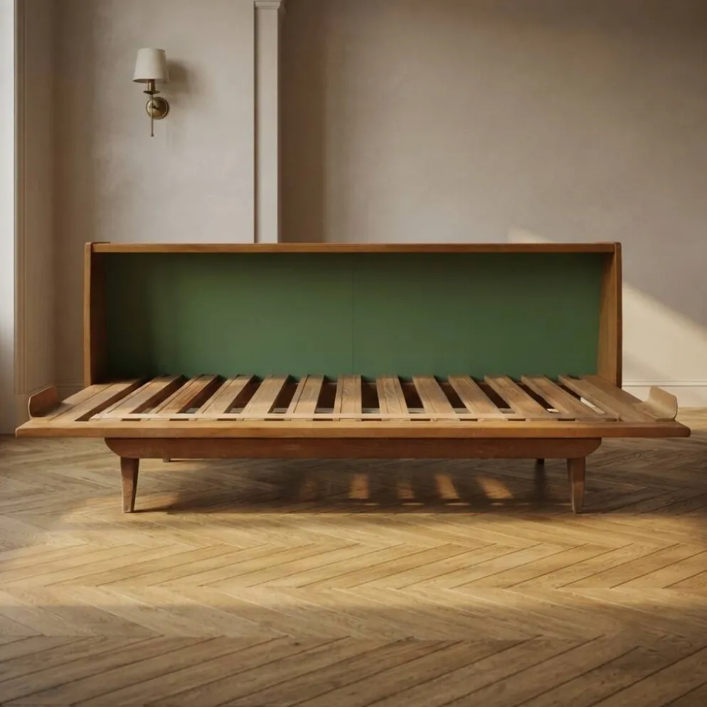 Cadre de lit escamotable en bois des années 50, lit de jour extensible, Tchécoslovaquie, 190 × 151 × 77 cm