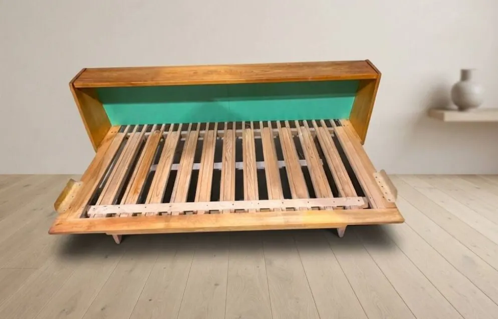 Cadre de lit escamotable en bois des années 50, lit de jour extensible, Tchécoslovaquie, 190 × 151 × 77 cm
