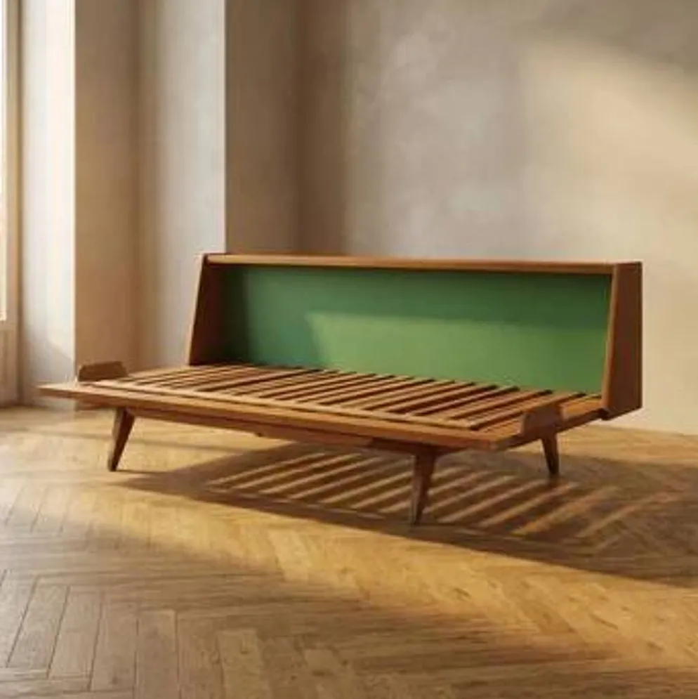 Cadre de lit escamotable en bois des années 50, lit de jour extensible, Tchécoslovaquie, 190 × 151 × 77 cm