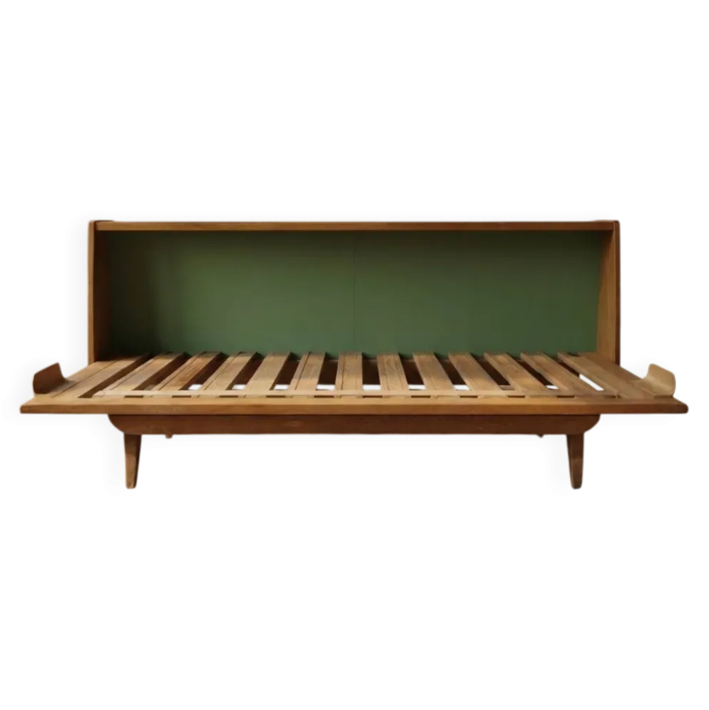 Cadre de lit escamotable en bois des années 50, lit de jour extensible, Tchécoslovaquie, 190 × 151 × 77 cm