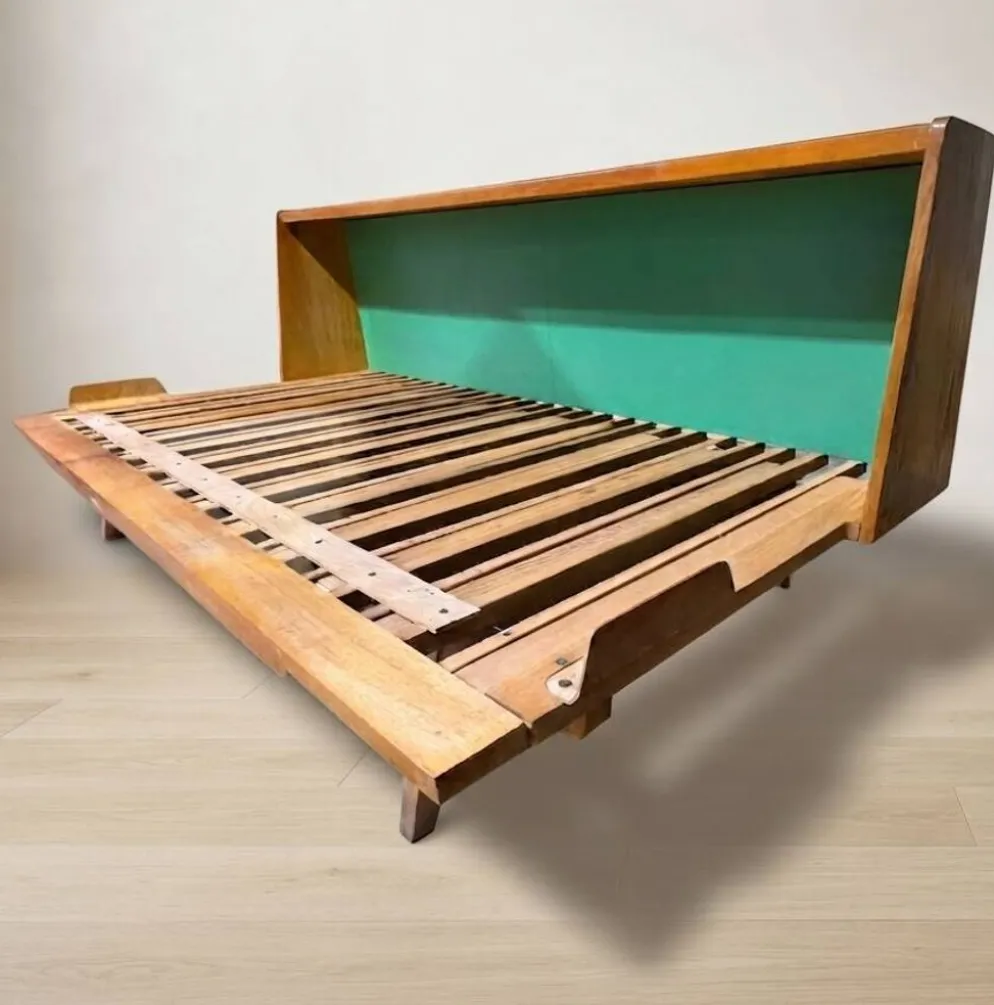 Cadre de lit escamotable en bois des années 50, lit de jour extensible, Tchécoslovaquie, 190 × 151 × 77 cm