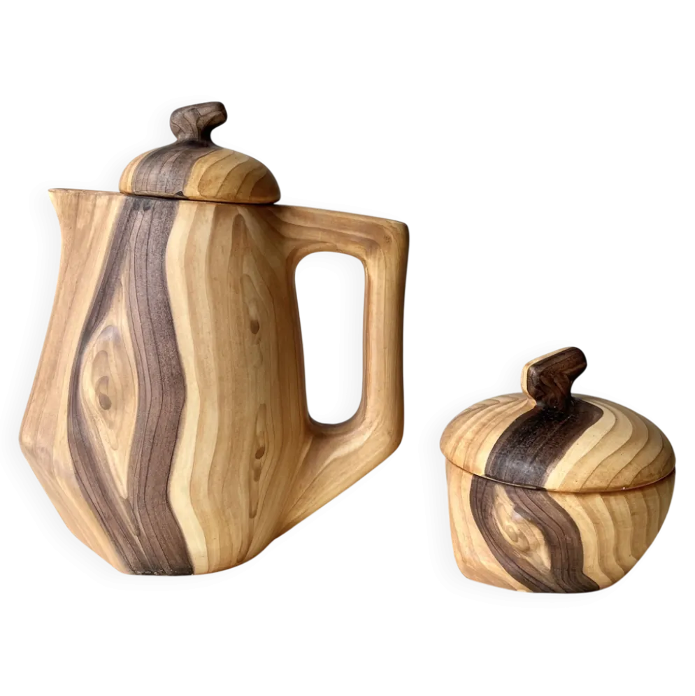 Cafetière + sucrier faux bois Grandjean Jourdan Vallauris vintage