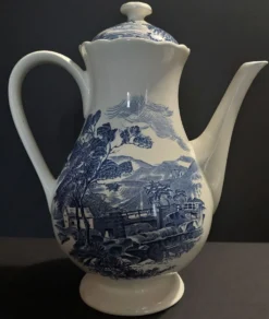 Cafetière verseuse faïence Gien décor campagne bleu