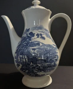 Cafetière verseuse faïence Gien décor campagne bleu