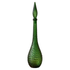 Carafe, bouteille décorative vintage en verre vert à relief