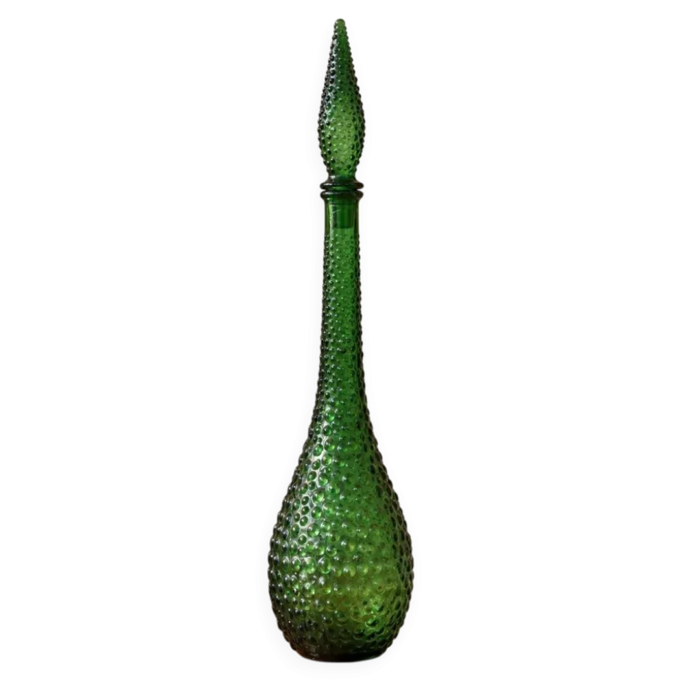 Carafe, bouteille décorative vintage en verre vert à relief