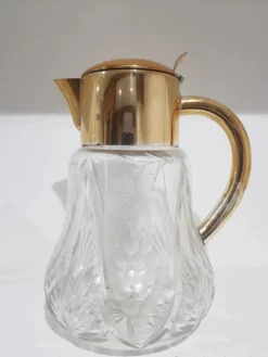 Carafe, cristal transparent, laiton doré, Allemagne, années 50