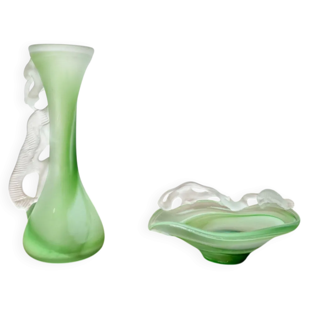 Carafe et bol en verre d'art français vintage, années 1970, ensemble de 2