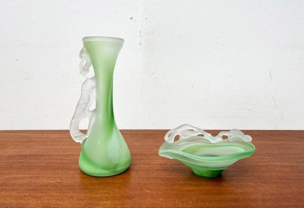 Carafe et bol en verre d'art français vintage, années 1970, ensemble de 2