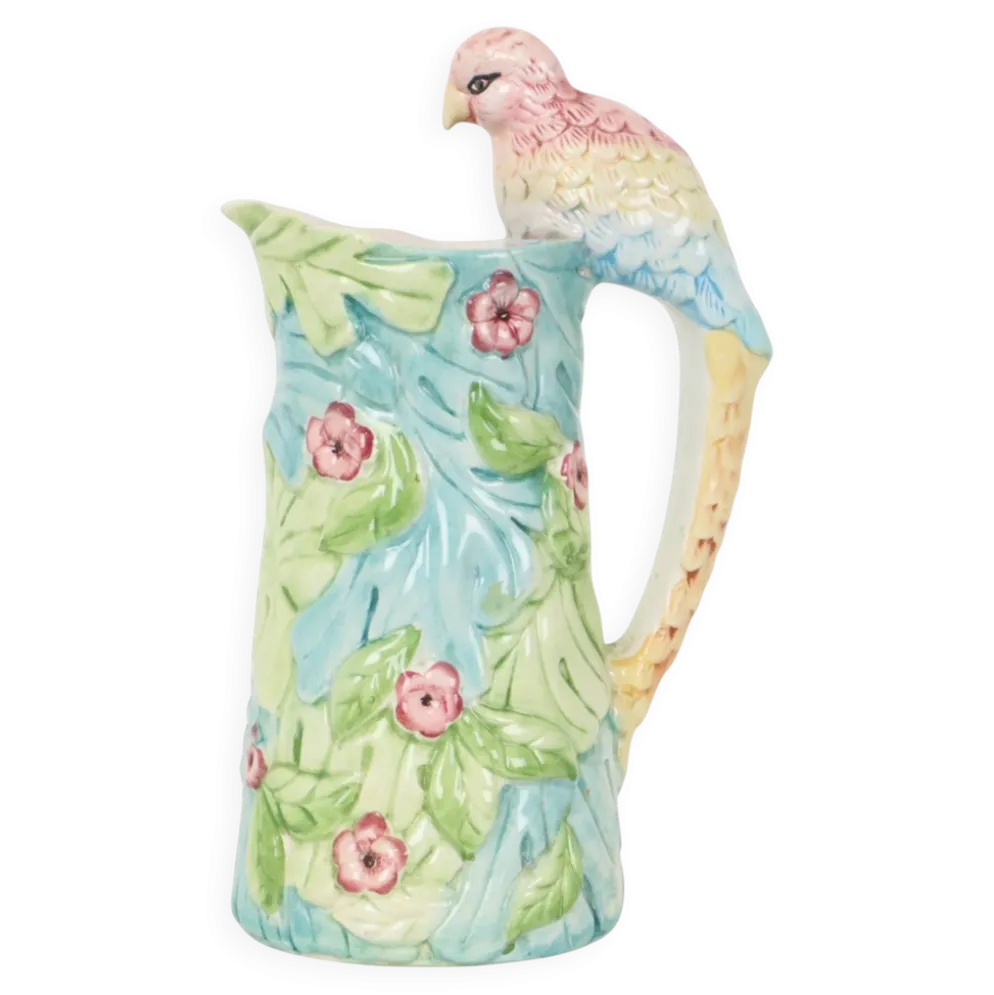 Carafe vintage en céramique avec motif de perroquet, 30 cm.