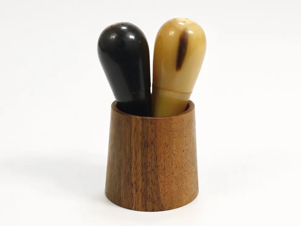 Carl Aubock II Rare porte-sel et poivrière, noyer et corne, Autriche, années 1950