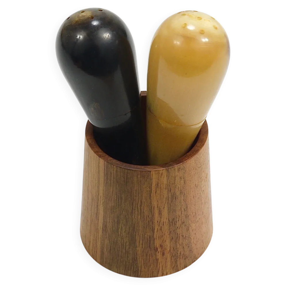 Carl Aubock II Rare porte-sel et poivrière, noyer et corne, Autriche, années 1950