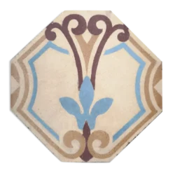 Carreau de faïence ancien épais forme octogonale motifs polychromes
