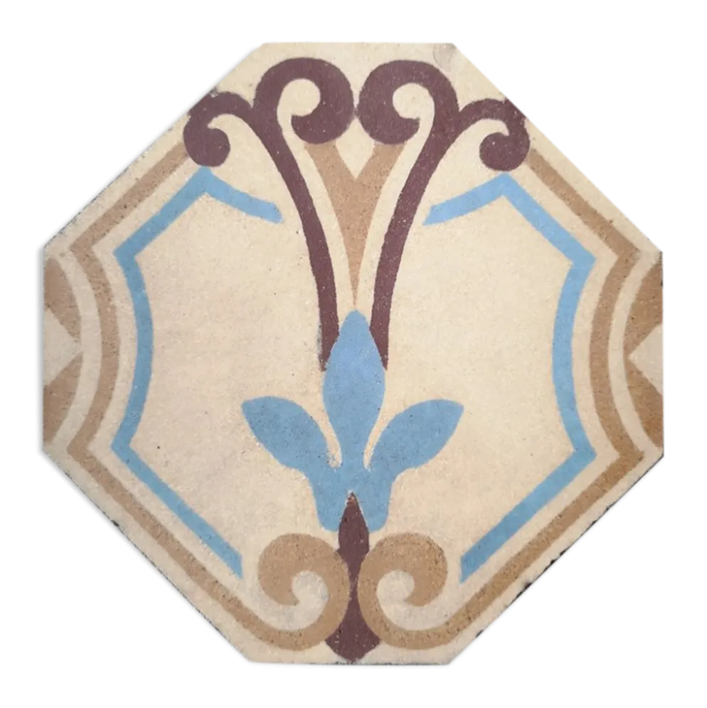 Carreau de faïence ancien épais forme octogonale motifs polychromes