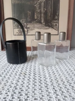 Cave à liqueur / set de 3 flasques de voyage vintage le tanneur