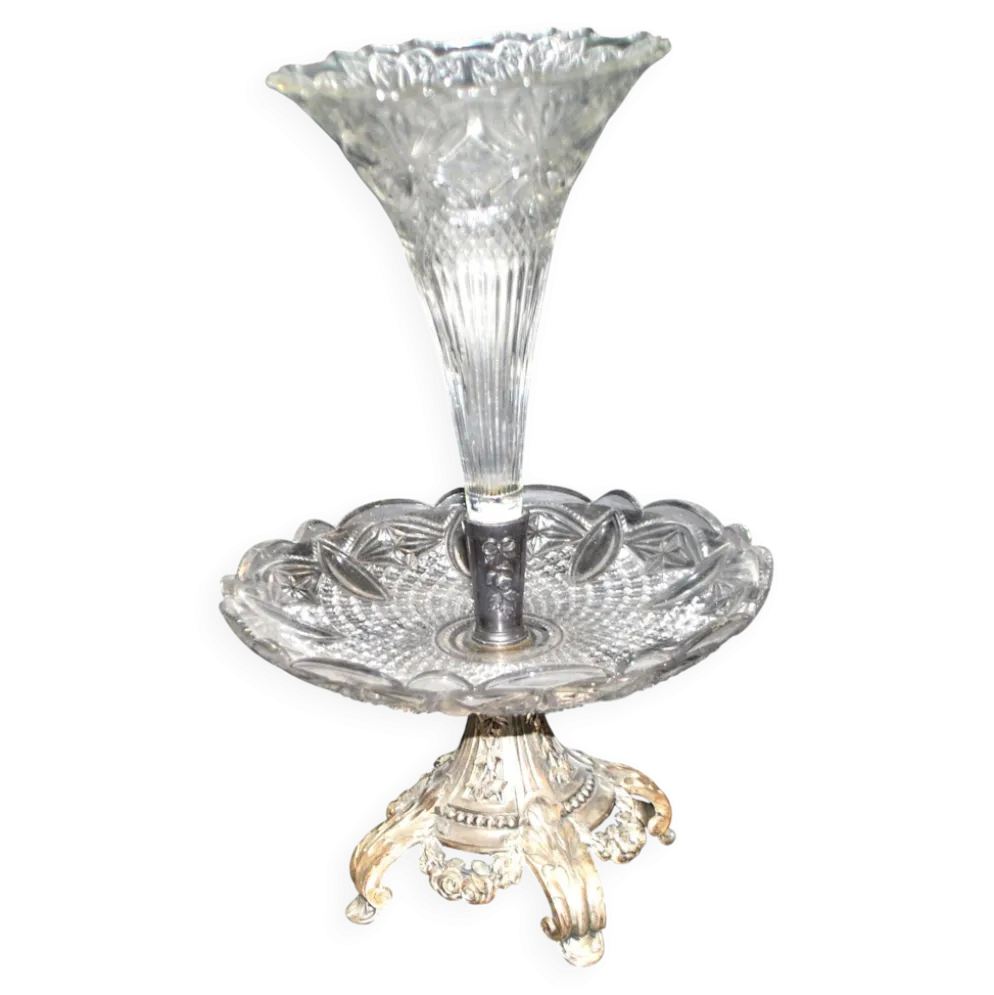Centre de table romantique – vase cornet tulipier en verre et métal argenté 1900