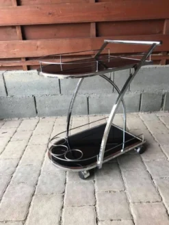 Chariot bar vintage chrome et verre fumé noir - design années 1970
