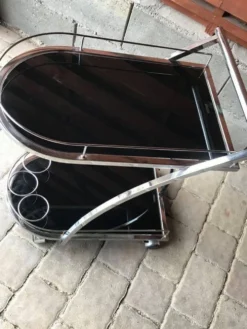 Chariot bar vintage chrome et verre fumé noir - design années 1970