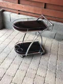 Chariot bar vintage chrome et verre fumé noir - design années 1970