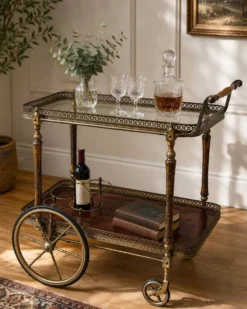 Chariot à boissons, desserte en laiton et bois de la Maison Jansen