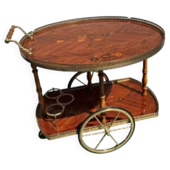 Chariot à boissons en marqueterie italienne et laiton, milieu du 20e siècle