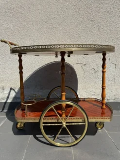 Chariot à boissons en marqueterie italienne et laiton, milieu du 20e siècle
