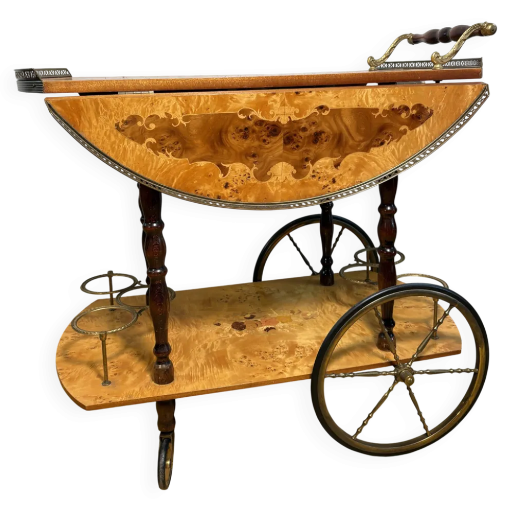 Chariot à boissons en noyer incrusté Sorrento vintage italien | Environ années 1970 | Coppe