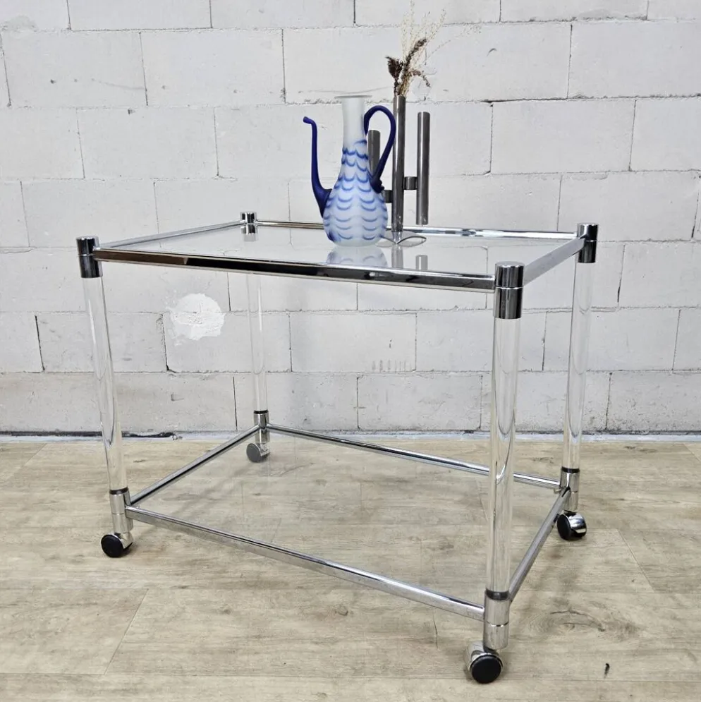 Chariot à boissons en verre vintage et chrome / chariot à thé / table d'appoint