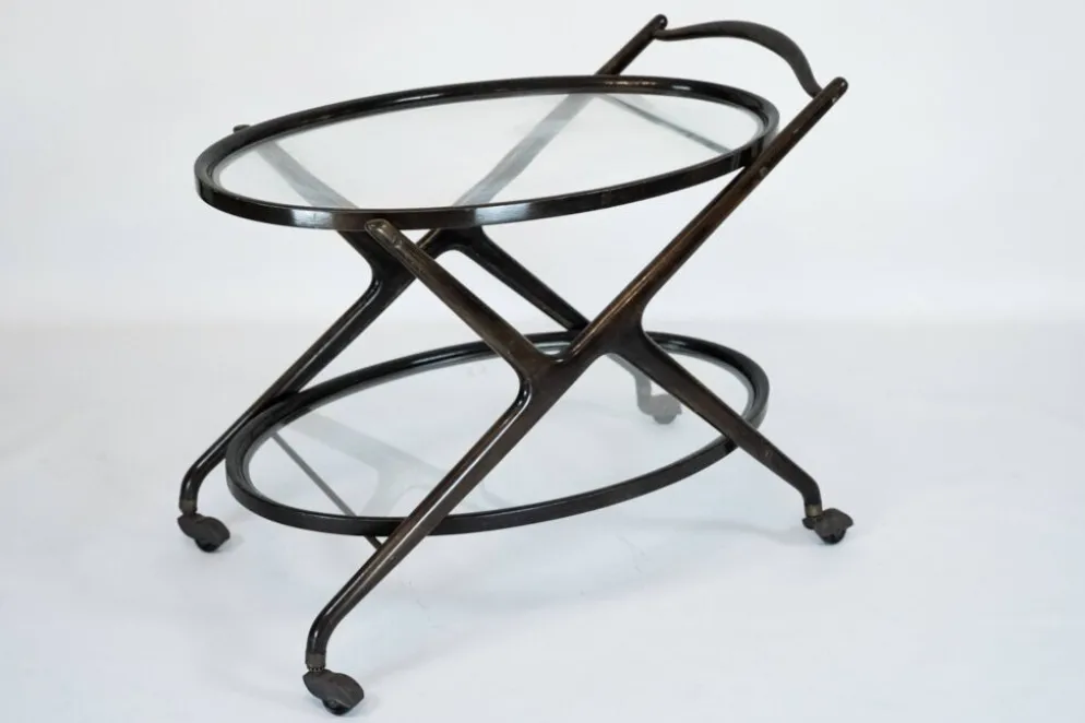 Chariot de bar en bois ébénisé et verre de Cesare Lacca, Italie, années 1950