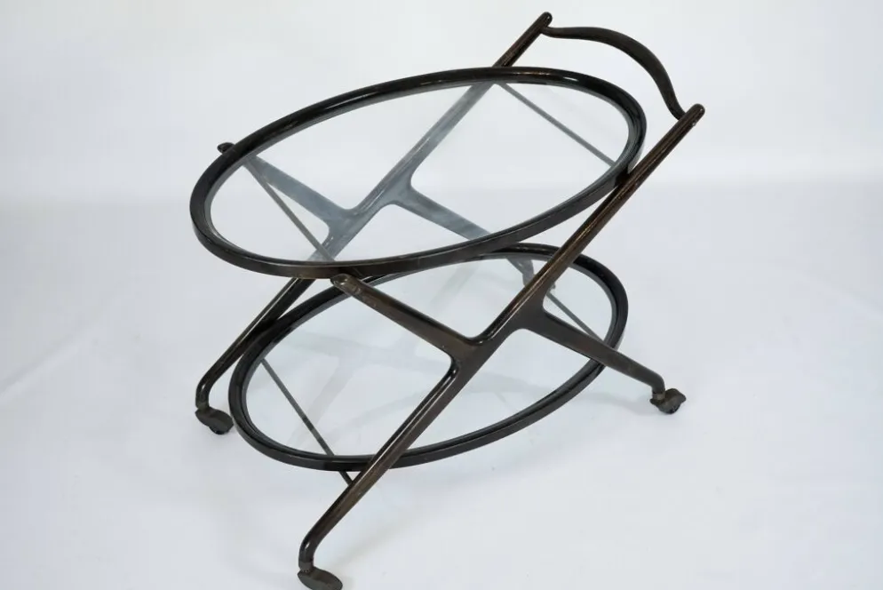 Chariot de bar en bois ébénisé et verre de Cesare Lacca, Italie, années 1950