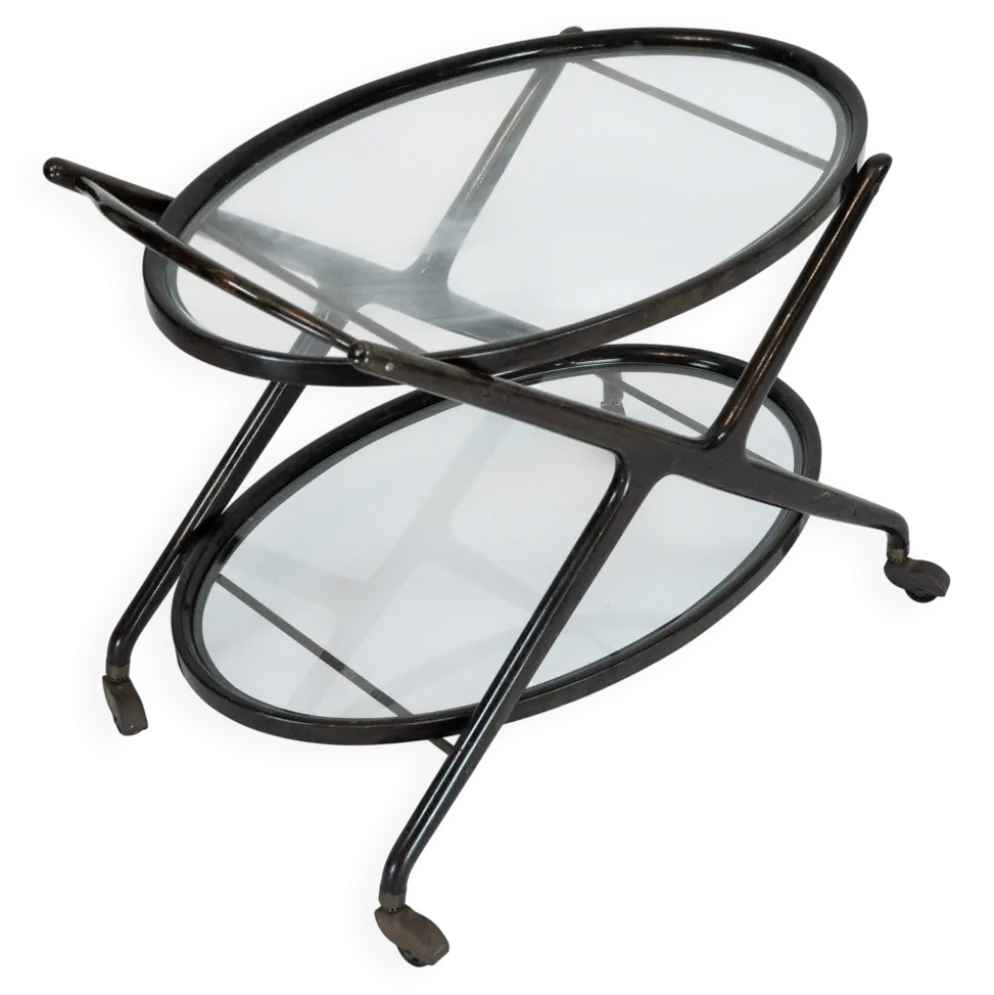 Chariot de bar en bois ébénisé et verre de Cesare Lacca, Italie, années 1950