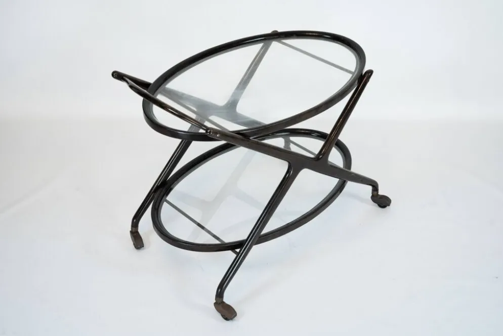 Chariot de bar en bois ébénisé et verre de Cesare Lacca, Italie, années 1950