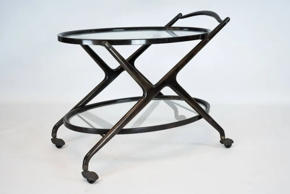 Chariot de bar en bois ébénisé et verre de Cesare Lacca, Italie, années 1950