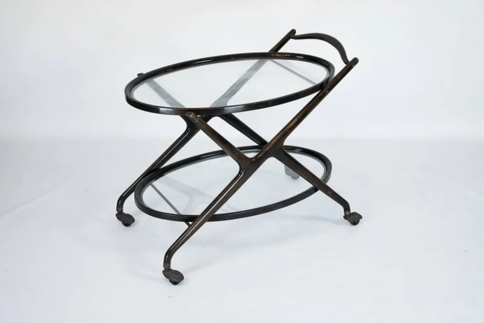 Chariot de bar en bois ébénisé et verre de Cesare Lacca, Italie, années 1950