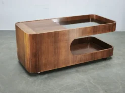 Chariot de bar en bois et verre fumé moderne italien, années 1970