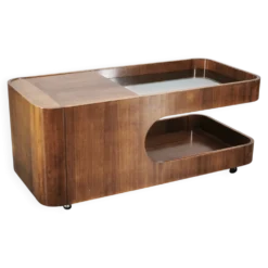 Chariot de bar en bois et verre fumé moderne italien, années 1970