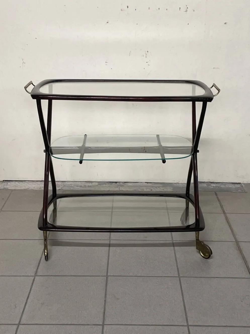Chariot de bar italien Cesare Lacca 1950 avec roues en laiton
