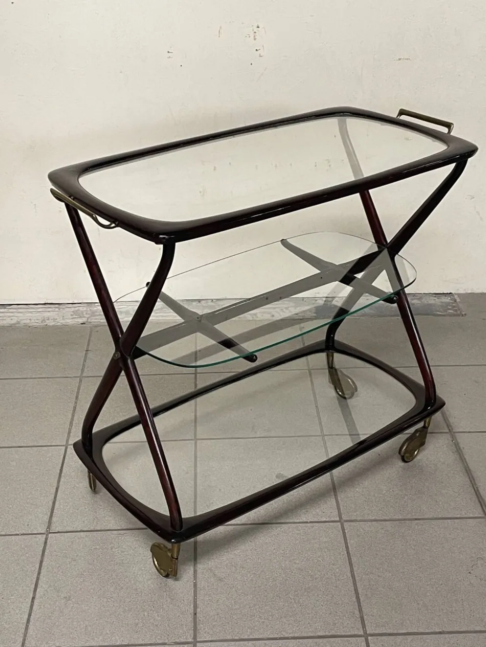 Chariot de bar italien Cesare Lacca 1950 avec roues en laiton