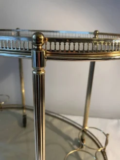 Chariot de bar néoclassique en laiton doré et verre fumé