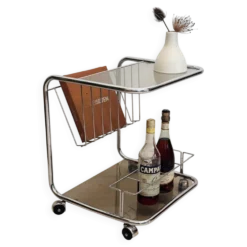 Chariot de bar vintage en cadre de tube chromé avec verre fumé des années 70