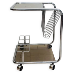 Chariot de bar vintage en cadre de tube chromé avec verre fumé des années 70