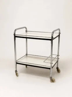 Chariot de bar vintage en chrome avec étagères en Formica blanc