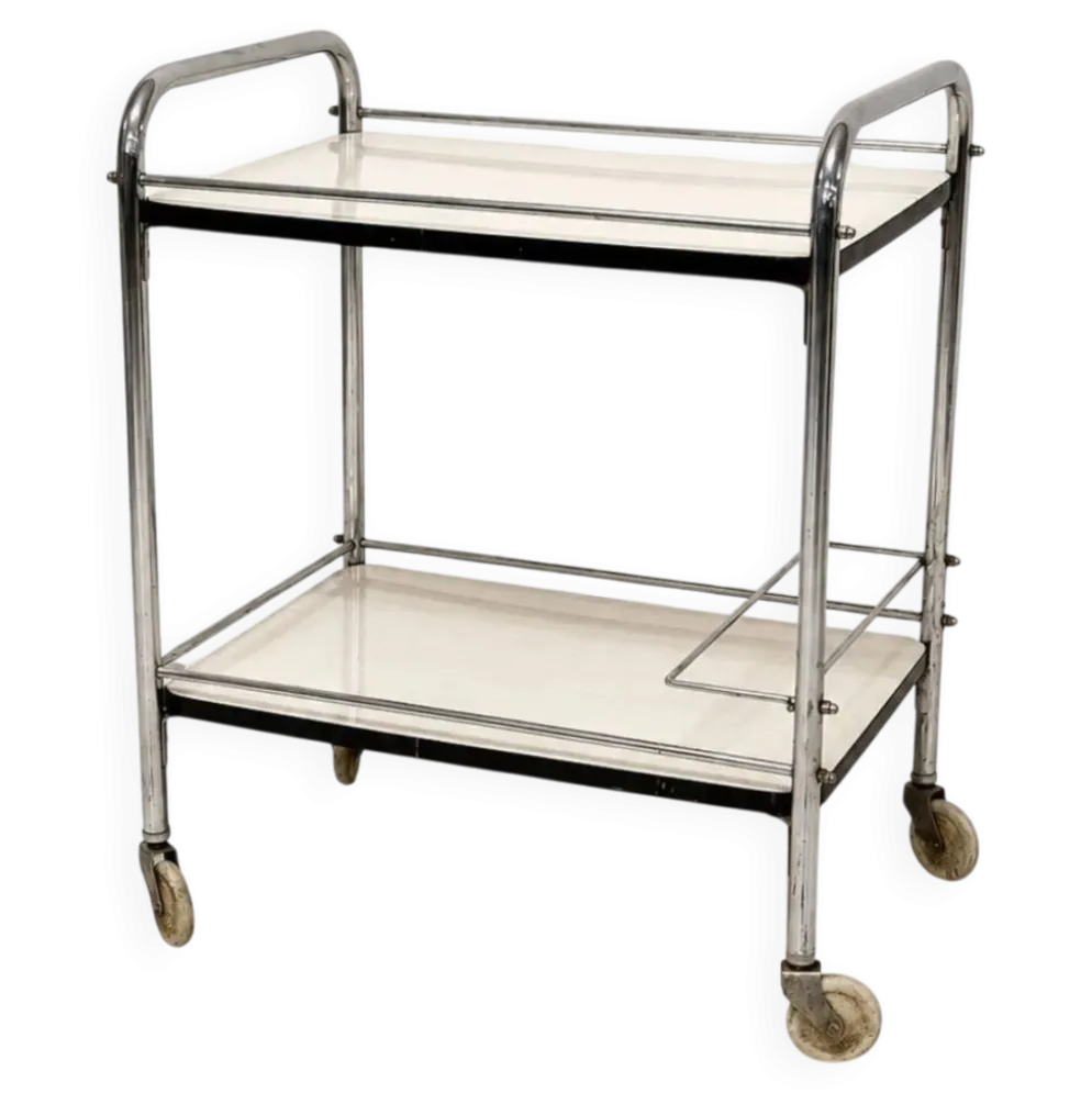 Chariot de bar vintage en chrome avec étagères en Formica blanc