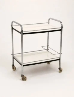Chariot de bar vintage en chrome avec étagères en Formica blanc